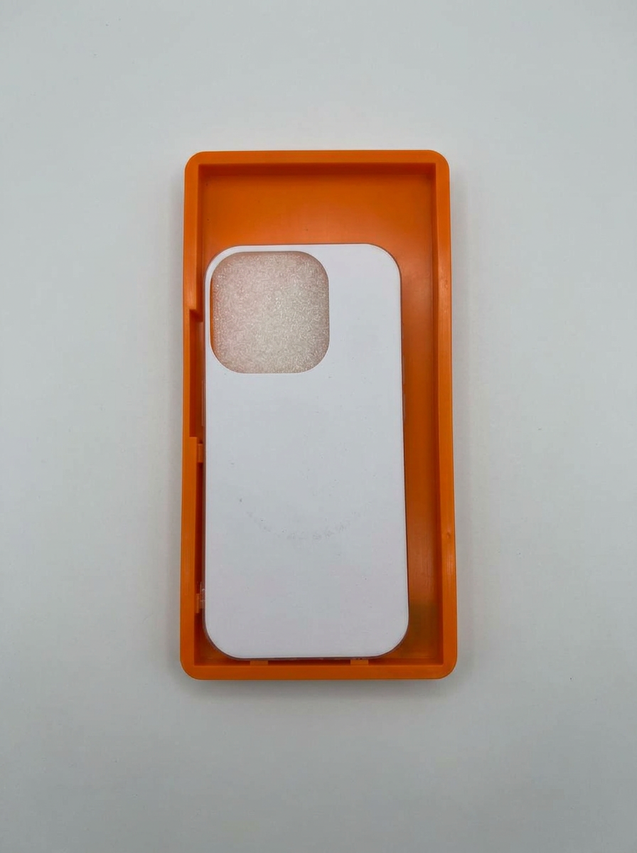 Magnetic Yocase with transparent edges and white print surface in an orange production tray