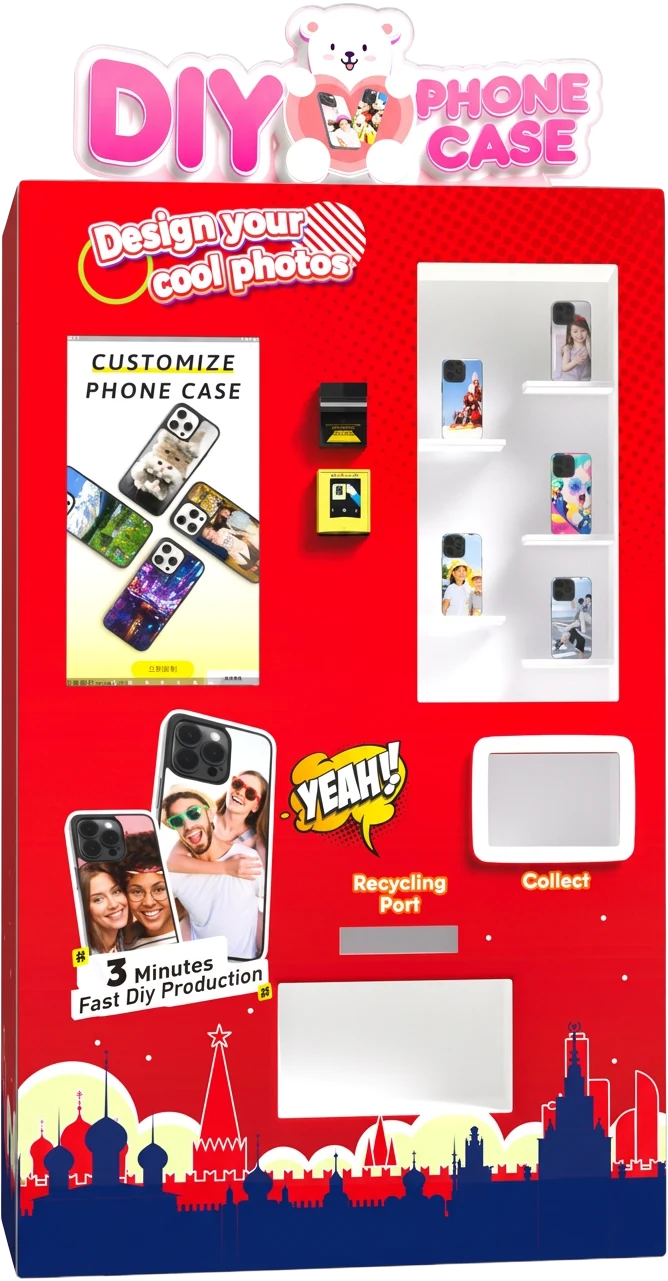 YoCaes red DIY phone case printing kiosk with display shelves and a customer touchscreen